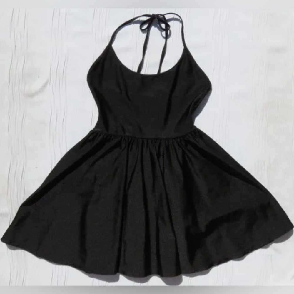 AMERICAN APPAREL Small Black Nylon Tricot Halter Disco Skater Mini Dress ICONIC